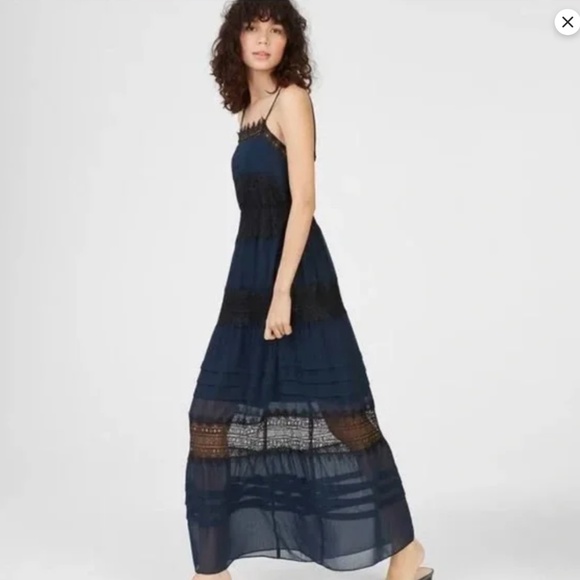 Club Monaco Strappy Navy & Black Lace Tiered Maxi Dress, Size 2 - Picture 2 of 12